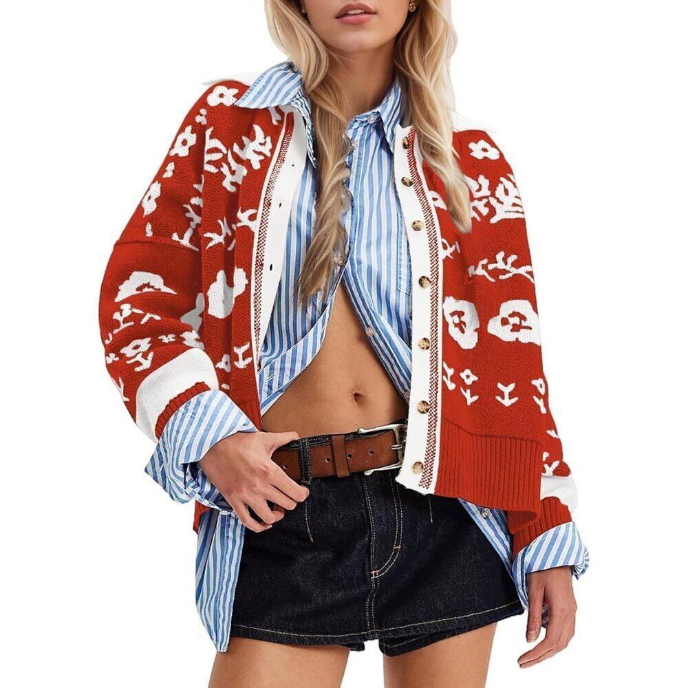 Women's Floral Print Cardigan Polyester-Blend Button Front V Neck Long Sleeve